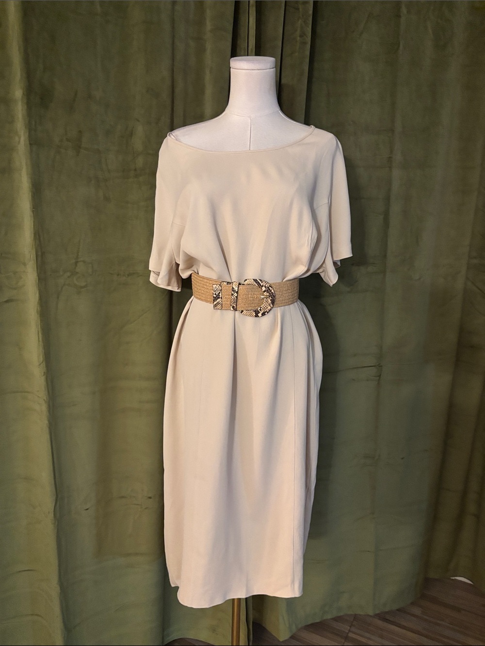 Marina Rinaldi Cream Boatneck Midi Dress with Textured Belt, US16